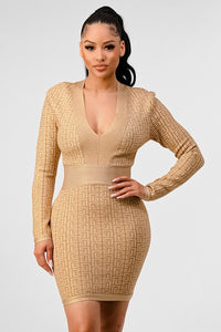 Gold Geometric Print Plunge Bodycon Bandage Dress - ATHINA