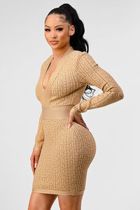 Gold Geometric Print Plunge Bodycon Bandage Dress - ATHINA