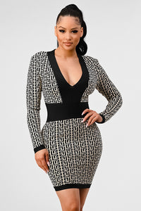 Geometric Print Plunge Bodycon Bandage Dress - ATHINA