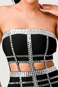 Modern Monochrome: Strapless Bandage Dress with Silver Detailing - ATHINA