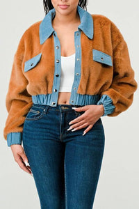 Stylish cropped jacket in tan faux fur with blue denim collar and cuffs