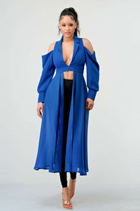 Azure Elegance Cold-Shoulder Trench Top - ATHINA