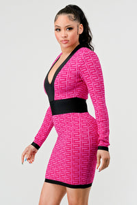 Geometric Glamour Pink Graphic Print Bodycon Dress - ATHINA