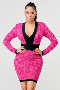 Geometric Glamour Pink Graphic Print Bodycon Dress - ATHINA