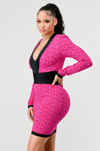 Geometric Glamour Pink Graphic Print Bodycon Dress - ATHINA