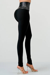 Form-Fitting Black Leggings with Leather-Accented Waist: A pair of black leggings designed with a high-waisted faux leather band. The form-fitting style creates a sleek and fashionable look.