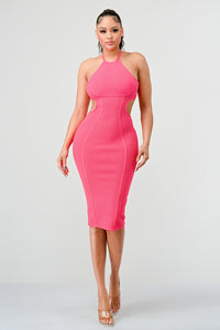 Sleeveless halter neckline bodycon dress with cut-out detailing and open back, knee-length design, zipper closure, made from stretchable polyester fabric, offering a slim fit for the modern woman