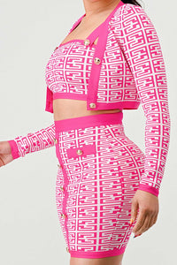 Pink Geometric Print Crop Top and Skirt Combo: This matching set includes a long-sleeve crop top and a high-waisted skirt, both adorned with a pink and white geometric pattern. The gold button accents enhance the outfit's chic appeal.