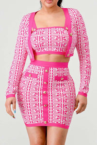 Stylish Geometric Print Matching Set in Pink and White: This set includes a long-sleeve crop top and a high-waisted skirt, both showcasing a pink and white geometric print. Gold buttons add a luxurious touch.