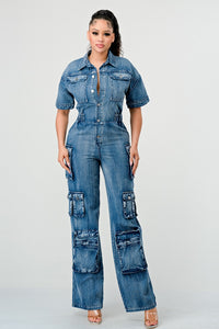 Retro Denim Cargo Jumpsuit - ATHINA