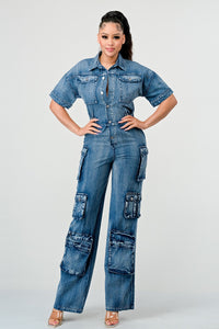 Retro Denim Cargo Jumpsuit - ATHINA