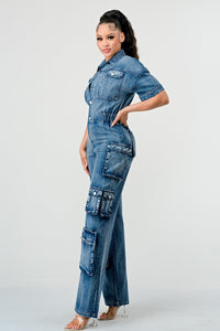 Retro Denim Cargo Jumpsuit - ATHINA