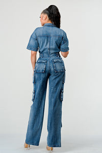 Retro Denim Cargo Jumpsuit - ATHINA