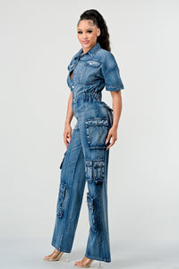 Retro Denim Cargo Jumpsuit - ATHINA