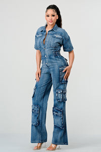 Retro Denim Cargo Jumpsuit - ATHINA