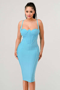 Blue midi dress with a structured bust and bodycon fit