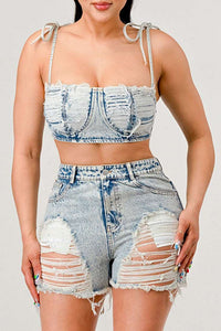 ATHINA Denim Deconstructed Crop Top and Shorts Set - ATHINA