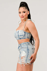 ATHINA Denim Deconstructed Crop Top and Shorts Set - ATHINA