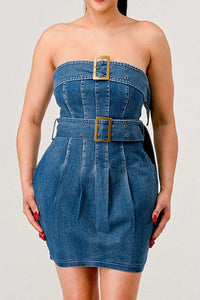 Fashion-forward denim dress with strapless design and belt details