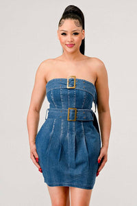 Denim strapless dress featuring pleats and belt accents