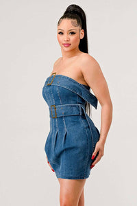 Strapless denim mini dress with pleats and belt buckles