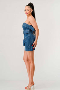 Fashionable blue denim strapless dress with gold belt buckles