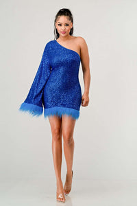 one-shoulder blue sequin dress with feather trim