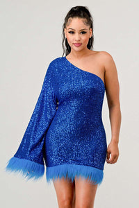 Elegant blue sequin-embellished dress with asymmetrical neckline