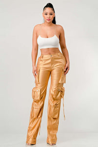 Casual-chic taupe cargo pants with a shiny texture and a loose, pocketed design.