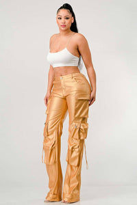 A stylish gold PU pants with multiple pockets