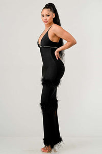 Evening Elegance: Black Feather-Trimmed DRESS with Crystal Accents - ATHINA