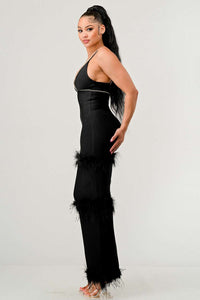 Evening Elegance: Black Feather-Trimmed DRESS with Crystal Accents - ATHINA