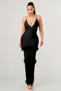  Black Feather-Trimmed DRESS with Crystal Accents 