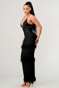 Evening Elegance: Black Feather-Trimmed DRESS with Crystal Accents - ATHINA