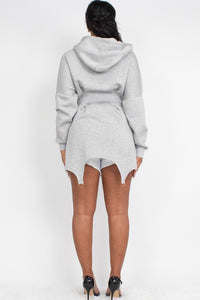 Sporty-chic grey mini hoodie dress with an asymmetrical hemline and long sleeves