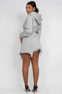 Comfortable and casual heather grey dress with hoodie and unique side button detail