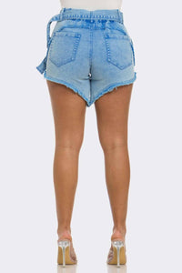 Fashionable blue denim shorts with frayed edges and a matching belt