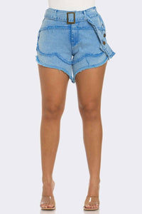 Blue denim shorts with a high waist, frayed hem, and belt detail