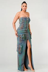 Chic strapless jean dress with a daring thigh-high slit and cargo pocket features