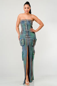 Contemporary strapless denim dress with a high slit and oversized pockets