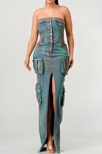 Modern tube top denim gown with a front slit and a street-style edge