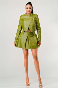 "Button Up Pu Leather jacket and Skirt Set" in olive, combining a structured peplum jacket and a pleated mini skirt for an edgy, sophisticated look.