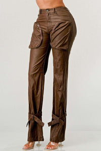 High Waist Belted Detail PU Pants