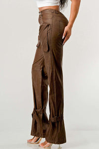 Athina PU Brown Cargo Pants - ATHINA