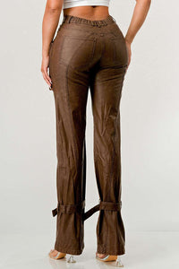 Athina PU Brown Cargo Pants - ATHINA