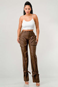 Athina PU Brown Cargo Pants - ATHINA