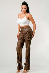 Athina PU Brown Cargo Pants - ATHINA