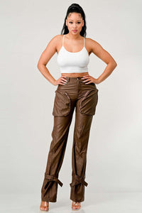 Athina PU Brown Cargo Pants - ATHINA