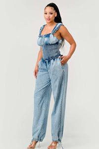 Chambray Charm Ruffled Jumpsuit | ESTIMATED SHIPPING DATE (04/30/2024) - ATHINA