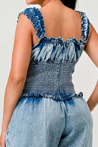 Chambray Charm Ruffled Jumpsuit | ESTIMATED SHIPPING DATE (04/30/2024) - ATHINA